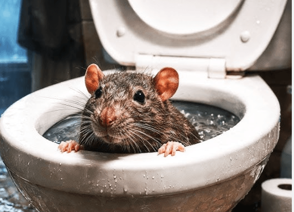 A rat sitting in the bowl of a lavatory.